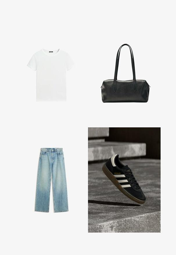 Effen wit T-shirt met korte mouwen, een ronde hals en een klein zwart labeltje aan de binnenkant van de kraag.; Lichtblauwe denimjeans met een wijde pijp, middelhoge taille, vijf zakken, contrasterende stiknaad en minimale vervaging voor een klassieke uitstraling.; Zwarte Adidas sneaker met witte strepen en gumzool die boven grijze betonnen trappen zweeft in natuurlijk licht.; Zwarte rechthoekige leren handtas met twee lange schouderbanden en een ritssluiting aan de bovenzijde.