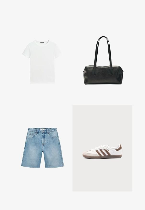 Almindelig hvid T-shirt med korte ærmer, rund halsudskæring og lille sort label inden i kraven.; Lyseblå denimshorts med lige snit, fem lommer, frontlukning med knap og flosset kantdetalje. Klassisk denimtekstur.; Hvid Adidas Samba sneaker med brune ruskindstriber, brun gummisål og beige ruskindståhætte, vist fra ydersiden på en ensfarvet baggrund.; Sort rektangulær læderhåndtaske med to lange skulderstropper og en lynlåslukning øverst.