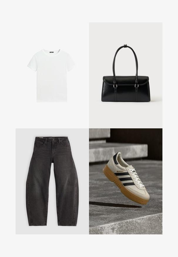 Almindelig hvid T-shirt med korte ærmer, rund halsudskæring og lille sort label inden i kraven.; Sorte denim jeans med en afslappet pasform, der har fem lommer, knaplukning og subtil fading. Stoffet har en glat, robust tekstur.; Beige ruskindsneaker med sorte striber, hvide snørebånd og en gummisål i naturfarve. Har "SPEZIAL"-mærkning på siden.; Sort rektangulær læderhåndtaske med klaplukning og to lange håndtag mod en ensfarvet hvid baggrund.