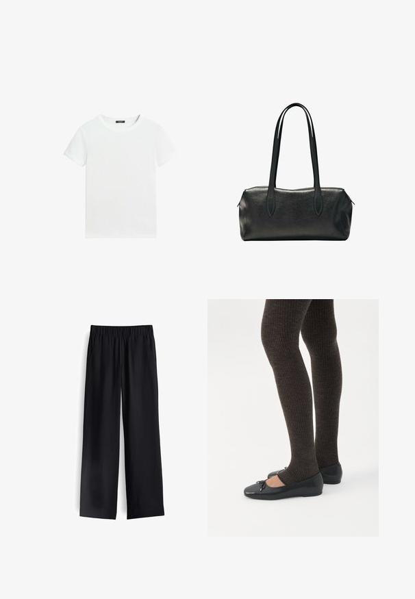 Effen wit T-shirt met korte mouwen, een ronde hals en een klein zwart labeltje aan de binnenkant van de kraag.; Zwarte wijde broek van soepel materiaal, met een elastische tailleband en twee zijzakken, met een vloeiende drape en een minimalistisch ontwerp.; Benen met donkere geribbelde leggings gecombineerd met zwarte ballerina's met kleine strikdetails op een witte achtergrond.; Zwarte rechthoekige leren handtas met twee lange schouderbanden en een ritssluiting aan de bovenzijde.