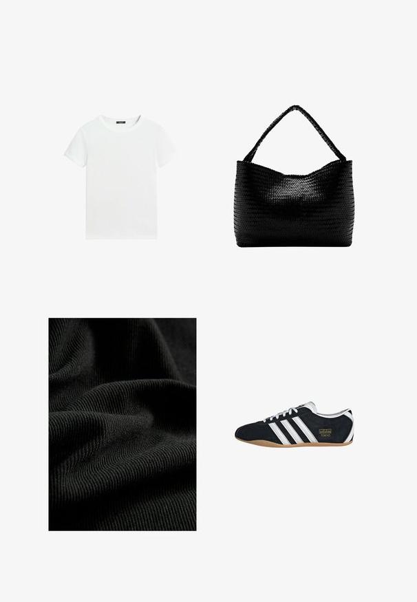 T-shirt blanc uni à manches courtes avec un col rond et une petite étiquette noire à l’intérieur du col.; Tissu noir côtelé avec une surface texturée, mettant en valeur des plis et des courbes subtiles. Le matériau semble léger et flexible.; Sneakers en suede noir avec trois bandes blanches, logo doré et semelle en caoutchouc marron. Présente un design à lacets à profil bas.; Sac à main tissé noir avec une anse unique tressée, forme rectangulaire et surface texturée brillante.