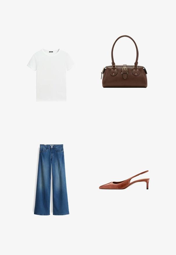 Effen wit T-shirt met korte mouwen, een ronde hals en een klein zwart labeltje aan de binnenkant van de kraag.; Wijde denimjeans in medium blauw met een gladde textuur. Bevat twee voorzakken en een klassieke knoopsluiting bij de taille.; Bruine leren slingback schoen met puntige neus, lage kittenhak en smalle band rond de hiel op een witte achtergrond.; Bruine leren handtas met twee handvatten, een centrale gespband en goudkleurige hardware, afgebeeld tegen een witte achtergrond.