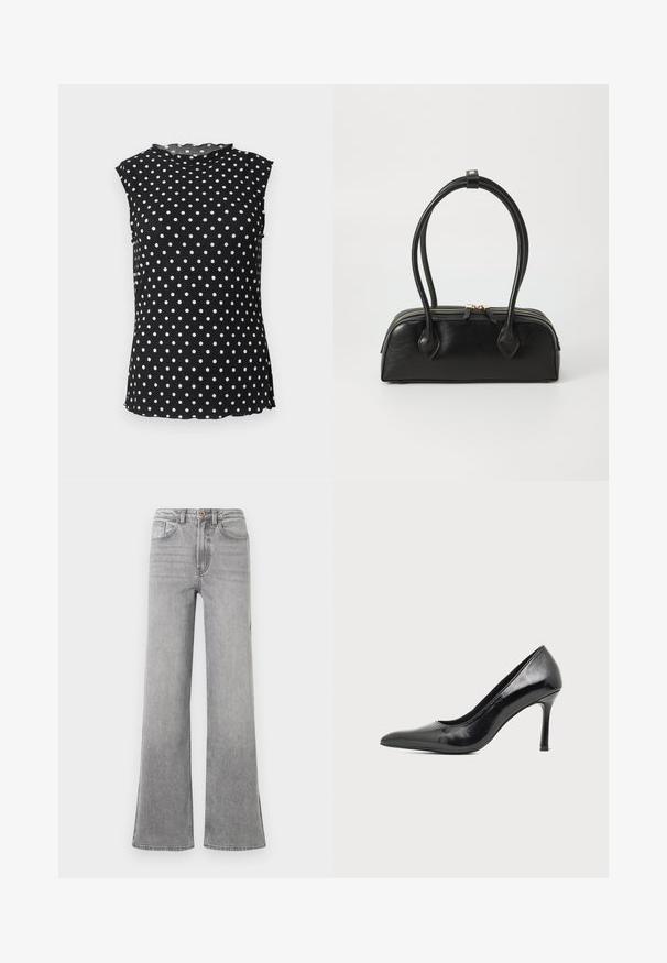 Blusa negra sin mangas con lunares blancos, cuello redondo alto y bordes ligeramente ondulados en el cuello y el dobladillo.; Jeans de mezclilla gris de campana con una cintura alta, bolsillos delanteros, trabillas para el cinturón y un sutil diseño descolorido, presentados sobre un fondo blanco.; Zapato de tacón alto de mujer en piel negra patentada, con punta puntiaguda y tacón delgado, sobre un fondo claro y liso.; Bolso de mano de cuero negro con dos asas alargadas, cierre de cremallera y forma redondeada; textura suave con un acabado ligeramente brillante.