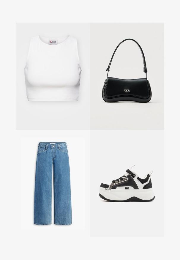Weißes, kurzes Tanktop aus Rippenstoff. Hat einen runden Ausschnitt und weite Armausschnitte. Innen sichtbar mit „Denim Project“-Markierung.; Hellblau weite Jeans aus Denim, mit hoher Taille, fünf Taschen und einem klassischen Knopfverschluss. Gerader Schnitt vom Oberschenkel bis zum Saum.; Plattform-Sneakers mit einem Schwarz-Weiß-Design, Netzelementen, strukturierten Details und einem auffälligen Logo an der Seite.; Schwarze Ledertasche mit abgerundetem Überschlag und silbernem ovalem Logo, ausgestattet mit einem verstellbaren Schulterriemen, vor hellem einfarbigem Hintergrund.