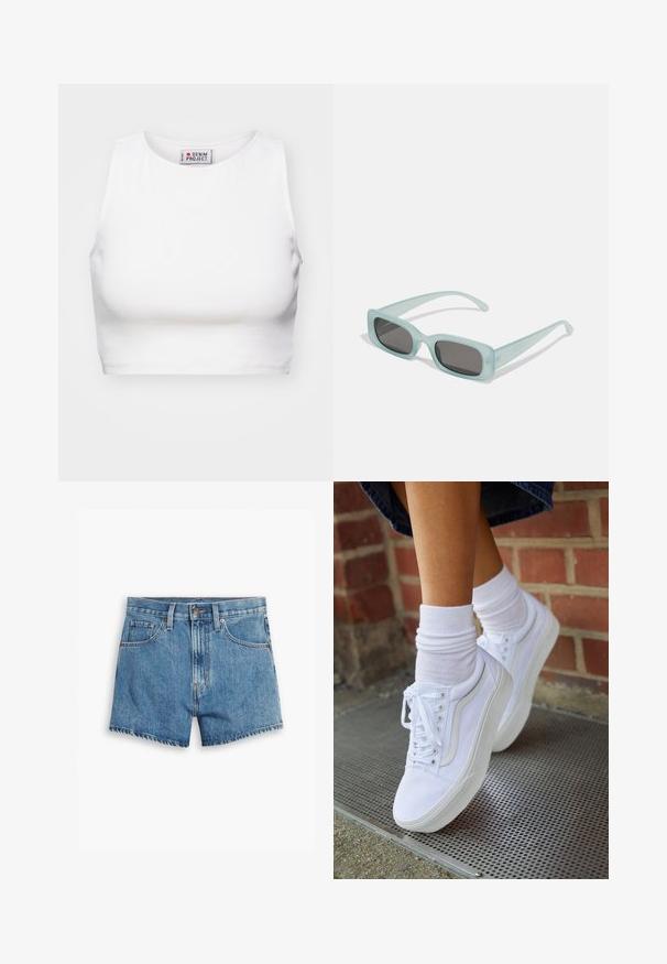 White cropped tank top made of ribbed fabric. Features a round neckline and wide armholes. Label visible inside with "Denim Project" branding.; Denim shorts in light blue, featuring five pockets, a zip fly, and a button closure. The hem is frayed with a relaxed fit design.; White canvas sneakers with rubber soles, featuring six eyelets, round toe, and light stitching details, paired with white ankle socks.; A pair of rectangular sunglasses with light blue translucent frames and dark gray lenses, featuring straight temples and minimal hardware details.