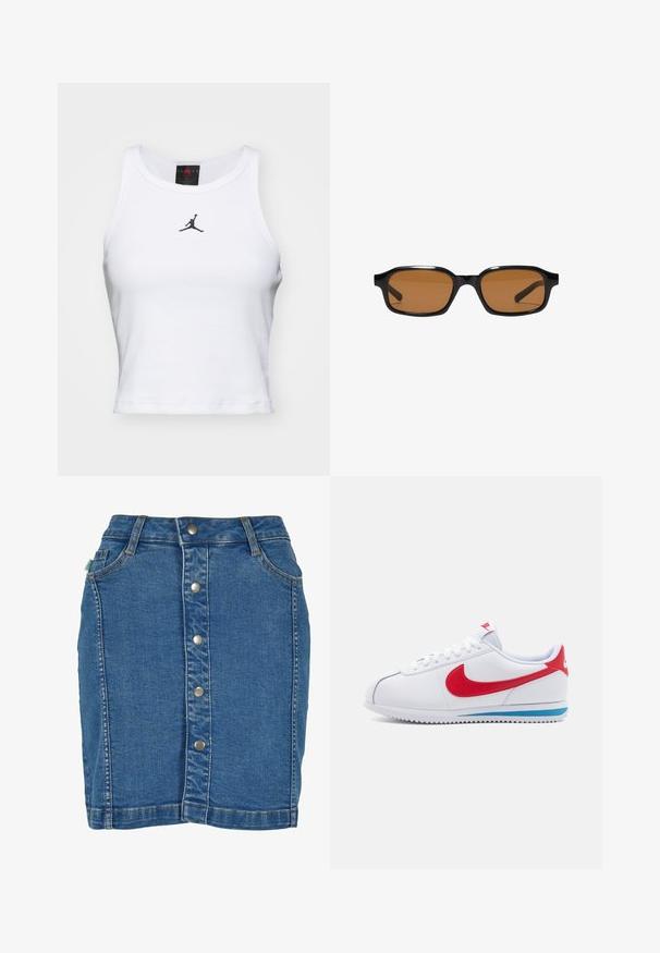 Witte crop tanktop van katoen met een ribbeltextuur. Beschikt over een zwart Jordan-logo in het midden en een klassieke ronde hals.; Denim rok met een sluiting aan de voorkant met knopen, een aansluitend ontwerp, lichtblauwe kleur en subtiele stiksels.; Witte sneaker met een rode swoosh, blauwe accenten op de zool en witte veters. Gefesteerde bovenkant met gestikte details. Klassiek ontwerp.; Zwarte rechthoekige zonnebril met dikke monturen en bruin getinte glazen, getoond van voren op een witte achtergrond.