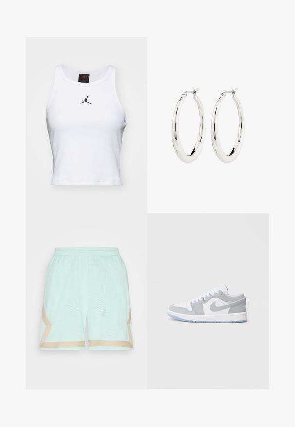 Witte crop tanktop van katoen met een ribbeltextuur. Beschikt over een zwart Jordan-logo in het midden en een klassieke ronde hals.; Jordan HERITAGE DIAMOND - Korte broeken - mint foam/sanddrift; Nike-sneakers met een mix van grijs en wit leer, geperforeerde neus, veters en een lichtblauwe buitenzool met logo-ontwerp.; Zilveren oorbellen in de vorm van een gladde, glanzende ring. Circulaire vorm, voorzien van een veilige sluiting. Eenvoudig en elegant ontwerp.