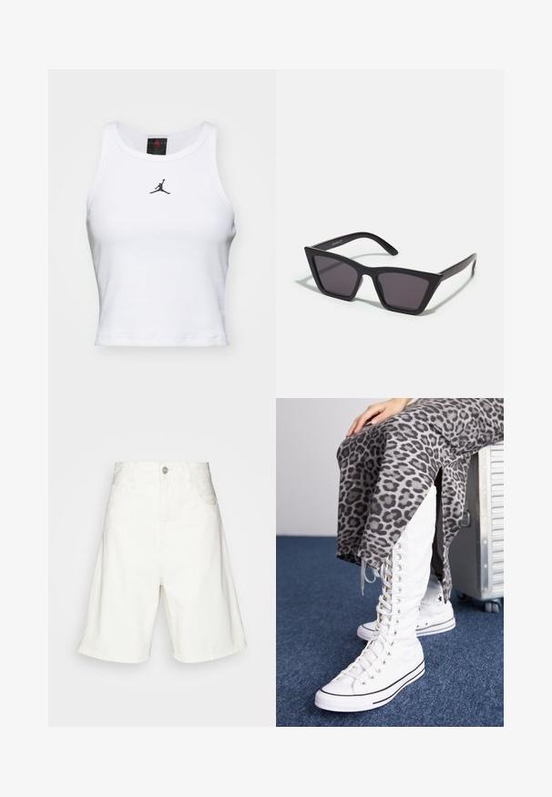 Hvid cropped tanktop lavet af bomuld med ribbet tekstur. Har et sort Jordan-logo i midten og en klassisk rund halsudskæring.; Hvide denimshorts med høj talje, der har knaplukning foran, to sidelommer og en afslappet pasform. Glat tekstur uden synlige mønstre.; Skridtløse hvide støvler med høj skaft, lavet af canvas, med sorte akcenter. Sammen med en grå leopardmønstret nederdel med sidespalter.; Sorte, kantede solbriller med grå linser; lavet af plast, med tykke stænger med en glat overflade og ingen synlig hardware.