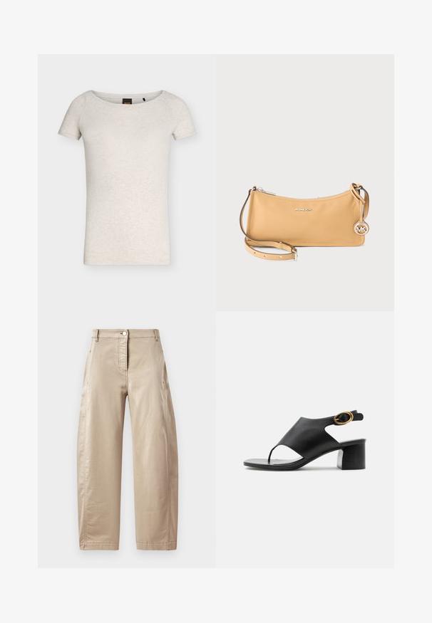 Beige T-shirt met korte mouwen en een ronde hals met een subtiele gemêleerde textuur en een zwart label aan de binnenkant van de kraag.; Beige wijde broek van een soepele katoenmix, met een sluiting met een knoop aan de voorkant, zijzakken en zichtbare stikseldetails.; Zwarte leren dames slingback sandaal met open teen, gouden ovale gesp en blokhak op witte achtergrond.; Tan lederen schoudertas van Michael Kors met zilveren rits, dun verstelbaar hengsel en ronde MK logo bedel.