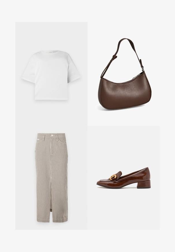 T-shirt blanc court en coton lisse, avec un col rond et des manches courtes et larges. Design simple et épuré sans motifs visibles.; Jupe midi rayée en beige clair et marron foncé, fabriquée en coton, avec une fente sur le devant et des passants de ceinture. Design classique et coupe ajustée.; Mocassins en cuir marron avec une finition brillante, dotés d'une boucle décorative en or à l'avant et d'un talon bas. Design classique.; Petit sac bandoulière en cuir marron avec sangle réglable et fermeture éclair, présenté sur fond blanc. Aucun logo ou décoration visible.