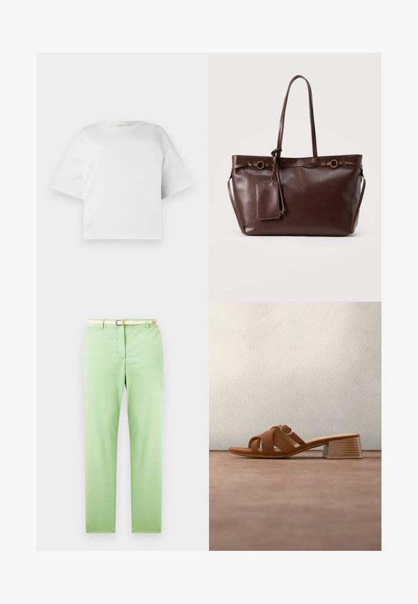 T-shirt blanc court en coton lisse, avec un col rond et des manches courtes et larges. Design simple et épuré sans motifs visibles.; Pantalon en coton vert clair avec une coupe droite, doté d'une ceinture tissée beige, de poches avant et sans motifs ni ornements visibles.; Mule en cuir marron à bout ouvert, avec un talon bloc et des brides croisées, posé sur un sol gris avec un arrière-plan sombre flou.; Sac cabas en cuir marron foncé avec deux longues anses, anneaux décoratifs en or, et pochette rectangulaire attachée avec fermeture éclair.