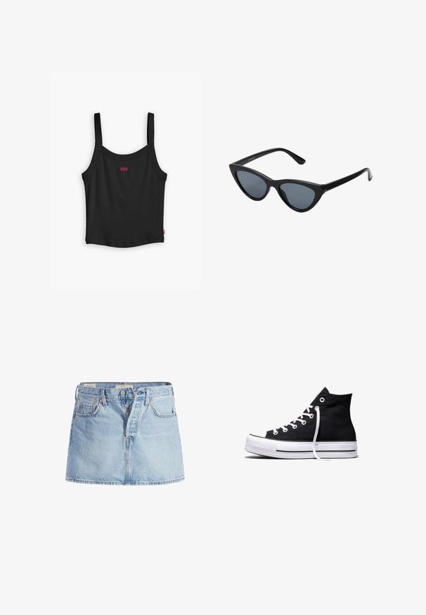 Débardeur noir à côtes avec des fines bretelles, arborant un petit logo rouge Levi's au centre devant et un ourlet droit.; Jupe en denim bleu clair avec une taille ajustée, design à cinq poches, fermeture à boutons à l'avant et légères décolorations sur l'ensemble du tissu.; Baskets montantes en toile noire avec semelle en caoutchouc blanche et lacets blancs, vues de côté sur un fond blanc.; Lunettes de soleil noires en forme d'œil de chat avec des verres gris foncé, monture en plastique élégante, coins pointus et branches droites. Pas de métal visible ni d'accents.