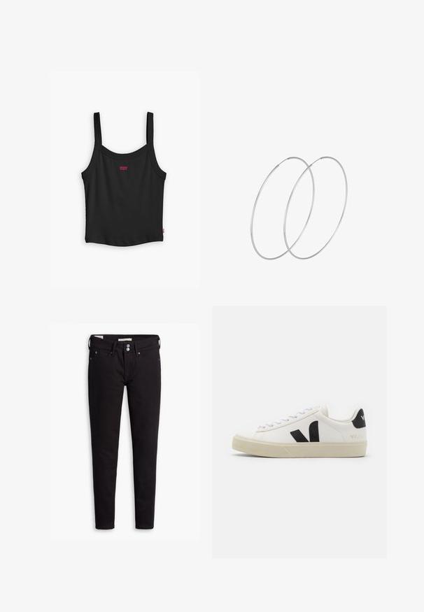 Schwarzes geripptes Tanktop mit dünnen Trägern, das ein kleines rotes Levi's-Logo an der Vorderseite und einen geraden Saum aufweist.; Schwarze Denim-Jeans mit schmaler Passform, ausgestattet mit einem Knopfverschluss, fünf Taschen und dezenten Nahtdetails. Glatte Textur und strapazierfähiges Material.; Weißes Leder-Sneaker mit schwarzem Gummi-V-Logo. Strukturierte cremefarbene Sohle, weiße Schnürsenkel und Fersendetail in Schwarz mit dem Markennamen.; Silberne Creolen mit minimalistischem Design. Rundform, glatte Oberfläche und dünnes Profil. Leichtgewichtig mit hochglänzender Oberfläche.