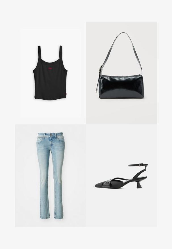 Must mustriba tank top õhukeste rihmadega, mille esiküljel on väike punane Levi's logo ja sirge alläär.; Heledad sinine teksapüksid, bootcut disain, viie tasku stiil, kulunud detailid, lukuga ja nupuga sulgemine, peened õmbluse aktsendid, keskmine põletus.; Must kiilakujulised varbaotstega kerged madalad kontsakingad, millel on õhuke pahkluurihm ja asümmeetrilised risti rihmad, valgel taustal.; Must ristkülikukujuline õlakott ühe reguleeritava rihmaga ja ülemise tõmblukuga, ühtlase taustaga.