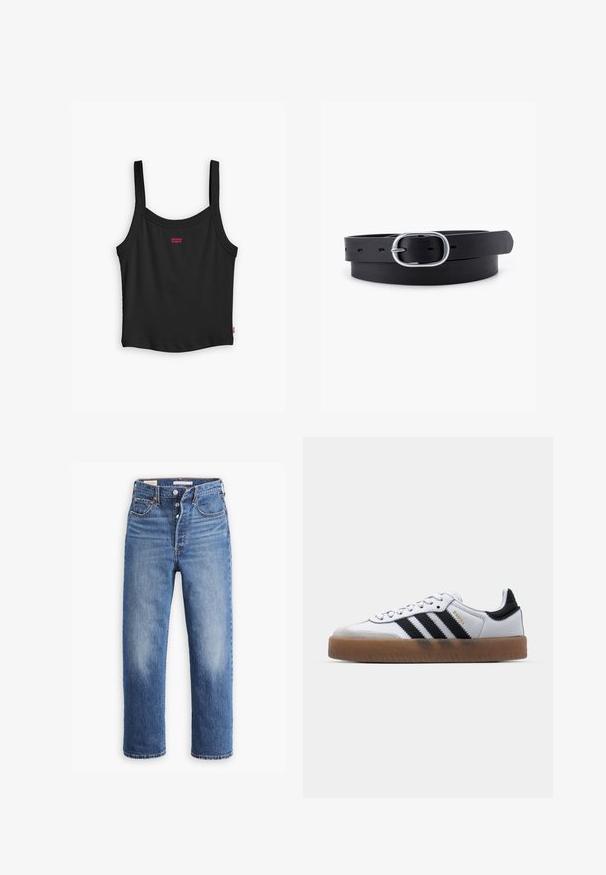 Top de tirantes finos de canalé negro, con un pequeño logotipo rojo de Levi's en el centro delantero y un dobladillo recto.; Vaqueros de mezclilla azul con cintura alta, diseño de pierna recta y áreas desgastadas. Presentan bolsillos frontales y herrajes de metal.; Zapatillas de cuero blancas con rayas negras, suela de goma, puntera redonda, cierre de cordones y caperuza de ante gris suave.; Cinturón de cuero negro con una textura suave, hebilla ovalada de metal plateado y múltiples agujeros de ajuste a lo largo de la correa. Diseño plano y minimalista.