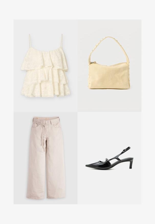 Caraco blanc en dentelle sans manches avec fines bretelles et trois volants superposés.; Pantalons large couleur beige clair en denim, avec fermeture à bouton, passants de ceinture et poches avant. Texture lisse avec une coupe décontractée.; Chaussure slingback en cuir verni noir à bout pointu, petit talon et deux brides réglables avec boucles, vue de profil latéral.; Petit sac à main en cuir beige avec une seule bandoulière et des clous argentés le long des bords et de la bandoulière, posé sur un fond uni.