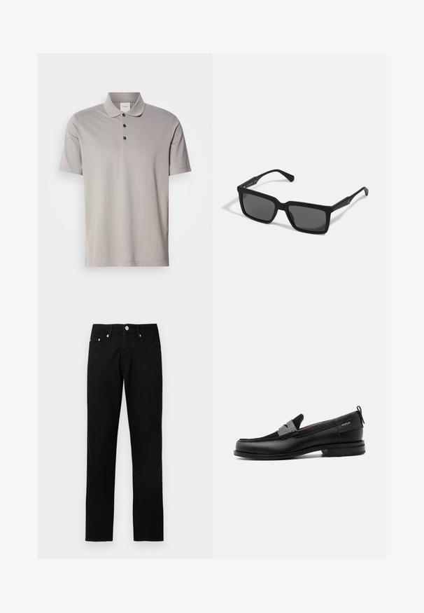 Grå kortærmet polo shirt lavet af glat stof, med en klassisk krave og tre sorte knapper. Subtil lodret ribbet mønster gennem hele skjorten.; Sorte jeans med lige ben, frontknapper, lynlås, bæltestropper og fem lommer på en lys grå baggrund.; Sort læderloafer med grå remdetalje, lav hæl og tekstureret sål, mærket med "HUGO" i guld på siden.; Sorte solbriller med rektangulære linser, mat finish, tykke stel og slanke arme med en subtil brandingdetalje.