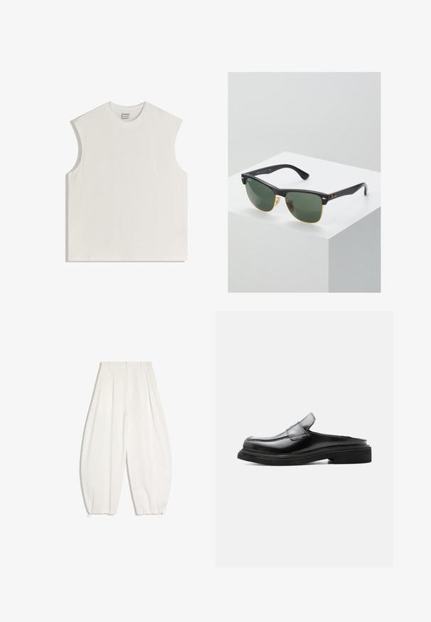Sleeveless white cotton top with round neckline and slightly padded shoulders, laid flat against a white background.; White wide-leg trousers with pleats at the waist and elasticated hems, designed with belt loops and a front zipper closure.; Black leather loafer with open back, low heel, and stitched detailing along the upper and sole, shown in side profile on white background.; Ray-Ban sunglasses with green lenses, black plastic frames, and gold accents at the edges. Square shape with a matte finish.