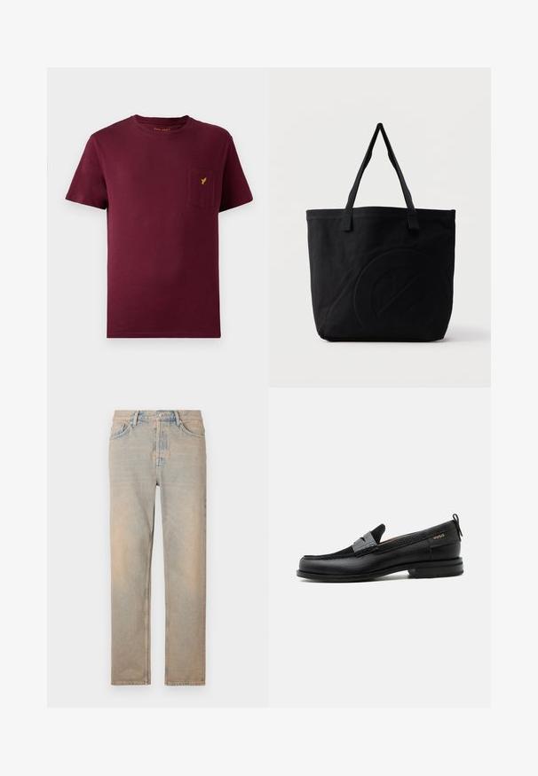 Bordeaux katoenen t-shirt met korte mouwen, ronde halslijn, een voorknoopzak en een klein geel logo geborduurd op de zak.; Licht beige denim jeans met een rechte snit. Voorzien van vijf zakken, een knoopsluiting en subtiele vervaging langs het oppervlak van de stof.; Zwarte leren loafer met grijs riemdetailelement, lage hak en gestructureerde zool, aan de zijkant gebrandmerkt met "HUGO" in goud.; Zwarte canvas tas met twee schouderbanden en een subtiel, ingebosseleerd cirkelvormig ontwerp aan de voorkant.