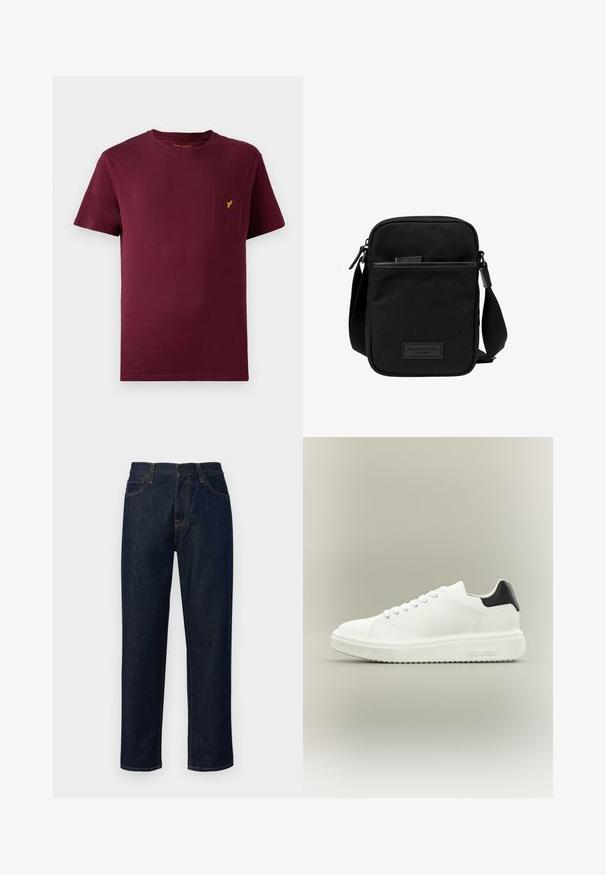 Bordeaux katoenen t-shirt met korte mouwen, ronde halslijn, een voorknoopzak en een klein geel logo geborduurd op de zak.; Donkerblauwe spijkerbroek van denim, met rechte pijpen, een medium hoge taille, oranje stiksels en een klassiek vijf-pocket ontwerp.; Witte lage sneaker met dikke zool, veters aan de voorkant en een zwart hielstuk, gebrandmerkt met "Steve Madden" op de zijkant van de zool.; Zwarte stoffen crossbody tas met een ritssluiting hoofdcompartiment, leren accenten, een voorkantvak en een verstelbare band. Marc O'Polo logo zichtbaar.