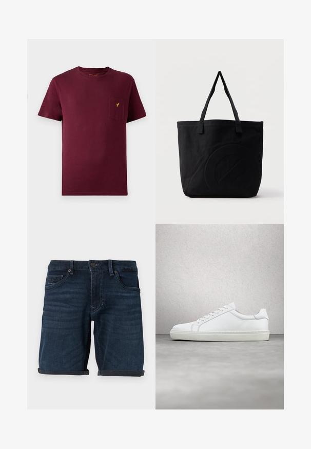 Bordeaux bomulds t-shirt med korte ærmer, rund halsudskæring, brystlomme og et lille gult logo broderet på lommen.; Mørkeblå denim shorts med opbrettede manchetter, der har forlommer, knaplukning og mærke på baglommen.; Hvide sneakers med en glat læderoverdel og lav profil. Har en rund tå, seks snørehuller og en tekstureret gummisål.; Sort canvas-tote-taske med to skulderstropper og et diskret præget cirkeldesign på fronten.