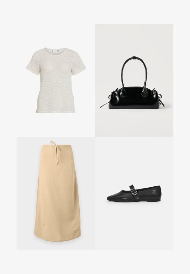 Hvid strikket T-shirt med kort ærme, der har en diamantmønstret tekstur og en rund halsudskæring. Løs pasform med et blødt, åndbart stof.; Beige linnedragt med snøre i taljen, der har en glat overflade og rundet kant. Udsmykket med små dekorative perler på snorene.; Sorte læder flade sko med rund tå, et enkelt justerbart spænde og en glat, blank overflade. Minimalistisk design med en lav hæl.; Lille sort blank håndtaske med to lange håndtag og snøre-detaljer i siden på en ensfarvet lys baggrund.