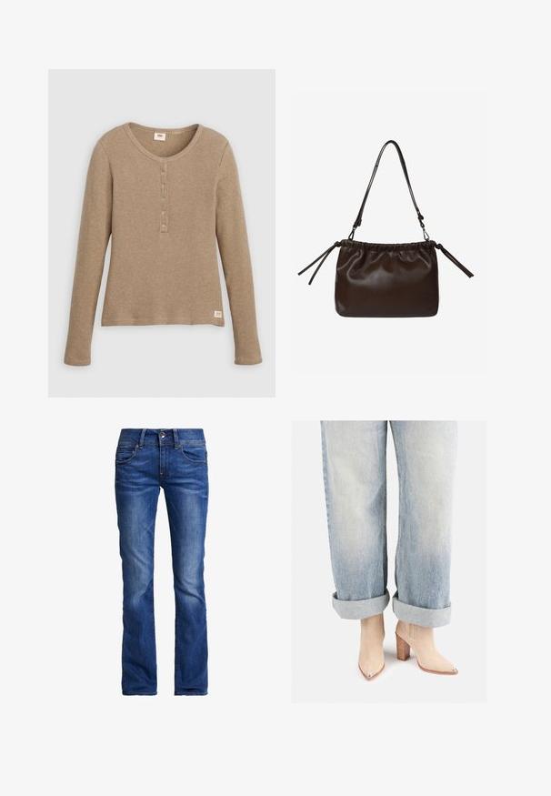 Langärmliges beiges Waffelstrick-Henley-Shirt mit rundem Ausschnitt und fünf Knöpfen, flach liegend vor weißem Hintergrund dargestellt.; Blaue gerade geschnittene Jeans mit verblassten Details, fünf Taschen und Knopfverschluss an der Vorderseite.; Beige Wildleder-Ankle-Boots mit einer spitzen Zehenpartie und metallicfarbenem Absatz, kombiniert mit hellblauen hochgekrempelten Jeans.; Braune Leder-Umhängetasche mit gerafftem Design, verstellbarem Riemen und Quastenakzenten. Glatte Textur mit glänzendem Finish.