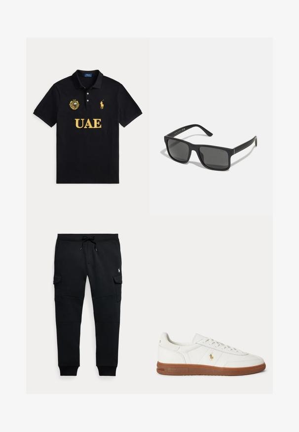 Sort polo med gul UAE-tekst, UAE-emblem på venstre bryst og gul Ralph Lauren polo spiller logo på højre bryst.; Sorte cargo joggebukser med snøre i taljen, sidelommer med klap, ribkantsmanchetter og lille hvid polo spiller logo på højre lår.; Hvid lavt sneaker med brun sål, snørebånd foran og lille guld Polo Ralph Lauren-logo på siden.; Sorte rektangulære solbriller med mørke linser og mat finish. Har et præget "POLO"-logo på stængerne og et robust rammedesign.