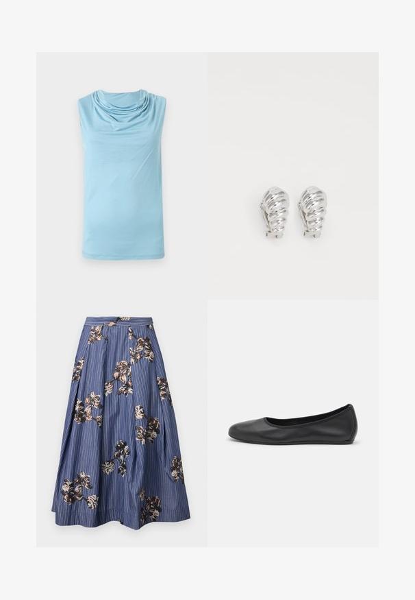 Haut sans manches bleu clair avec un col bénitier drapé, tissu lisse et ourlet droit sur fond uni.; Jupe midi bleue avec fines rayures blanches et broderie dispersée de sequins floraux marron, noir et beige, avec des plis et une ceinture ajustée.; Ballerines en cuir noir avec un bout rond, texture lisse, détails de couture minimalistes et design de semelle flexible.; Boucles d'oreilles en clip argentées avec un design en spirale, présentant une texture métallique lisse et des formes arrondies. Pas d'embellissements ou de motifs visibles.