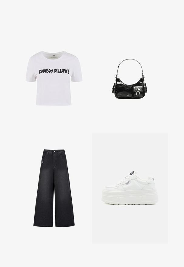Weißes Kurzarm-T-Shirt aus Baumwolle mit fettem schwarzen Text "COWBOY PILLOWS" auf der Vorderseite. Gerader Rundhalsausschnitt mit klassischer Passform.; Schwarze Denim-Hosen mit weitem Bein und hoher Taille, die dezente Stickdetails und ein kleines Logo auf der linken vorderen Tasche aufweisen.; Weiße Plattform-Sneaker mit einer glatten synthetischen Oberfläche, rundem Zehenbereich, gepolstertem Kragen und strukturiertem Profil. Mit einem kontrastierenden Logo-Tag.; Schwarze Lackleder-Handtasche mit geschwungenem Design, einem Schulterriemen, Vordertaschen und silberfarbenen Hardware-Akzenten.