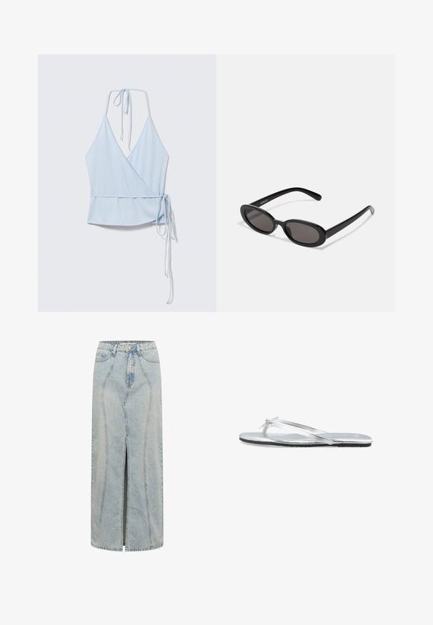 Haut cache-cœur sans manches bleu clair avec un lien à nouer autour du cou et un lien à la taille sur le côté, posé à plat sur fond blanc.; Jupe en denim bleu clair avec une silhouette droite, présentant une fente à l'avant, des passants de ceinture et des coutures détaillées le long des joints.; Sandale plate argentée à lanières fines avec un petit nœud sur le dessus, équipée d'une semelle noire.; Even&Odd Lunettes de soleil - black