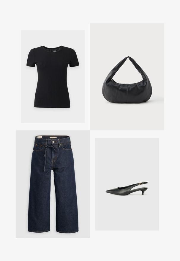 Schwarzes kurzärmeliges geripptes Strickoberteil mit rundem Ausschnitt und gezacktem Saum, figurbetonte Silhouette.; Dunkelblaue, weit geschnittene Jeans aus Denim mit einem Kordelzugbund, Fronttaschen und kontrastierenden orangen Nähten.; Schwarzer Slingback-Schuh mit spitzem Zehenbereich aus glattem Leder. Mit einem dünnen Absatz und einer dekorativen Schnalle am verstellbaren Riemen.; Schwarze, weiche Leder-Handtasche in Halbmondform mit einem dicken, gepolsterten Griff und einem Reißverschluss an der Oberseite.
