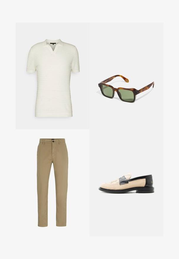 Kortærmet polo shirt i struktureret cremefarvet stof med v-hals og ribbede mansjetter. Simpelt, minimalistisk design med subtile vandrette linjer.; Beige bomulds chinos med slim-fit, flad front og knaplukning. Har bæltestropper og sidelommer for funktionalitet.; Beige vævet loafer med sort skindkant, rundet tå, sort sål og dekorativt syet mønster på oversiden.; Firkantede solbriller med en skildpaddefarvet stel, grønne linser og tykke arme. Har skarpe hjørner og en blank overflade. Justerbar pasform.