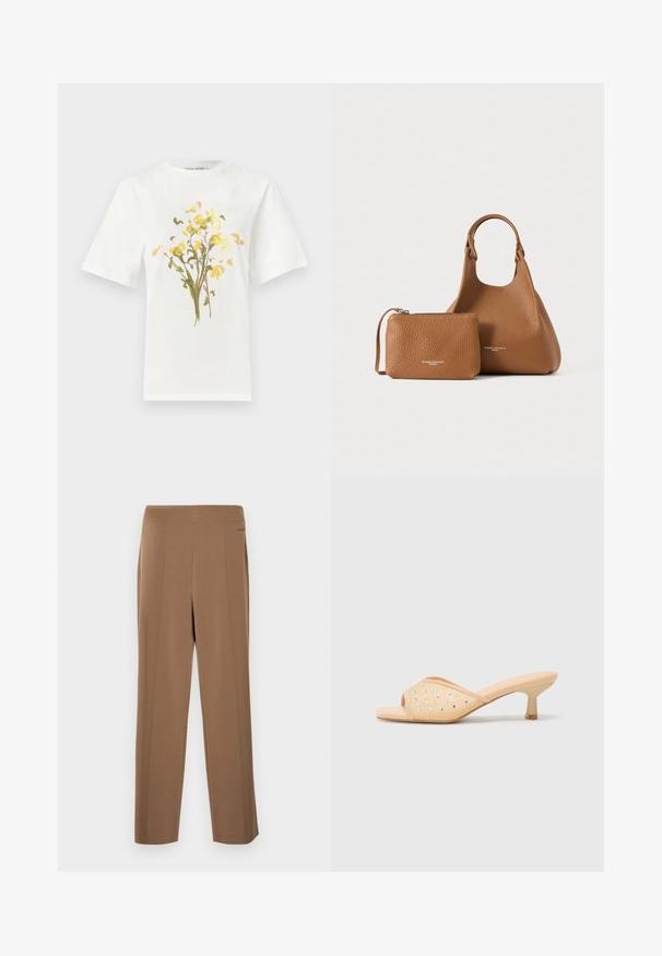 Hvid bomulds-T-shirt med blomsterdesign i gule og grønne nuancer. Kortærmet og rund halsudskæring fuldender designet.; Brune, skræddersyede bukser med en glat tekstur, der har høj talje, lige ben og diskrete sømme foran som detaljer.; Beige åbne tå hæle mules med en glat mat finish, prydet med dekorative klare rhinsten arrangeret i et mønster på overdelen.; Brun tekstureret læderhåndtaske med en matchende lille lynlåspung, begge med et enkelt, rundt design på en ensfarvet baggrund.