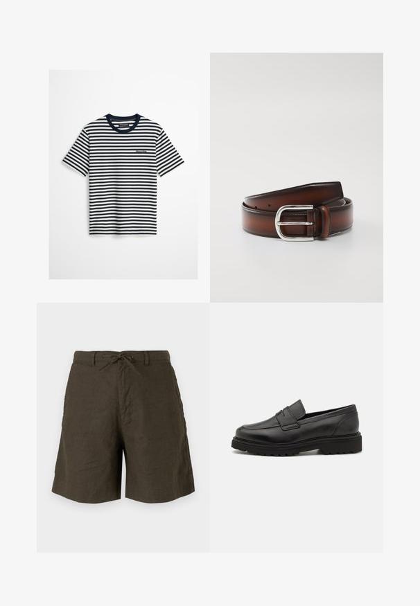 Marineblå og hvide vandrette stribede T-shirt med korte ærmer, marineblå krave og lille Marc O’Polo-logo på brystet.; Kaki shorts lavet af hør, med elastisk talje, sidelommer og en afslappet pasform med en glat tekstur.; Sort læder loafersko med rund tå, syningsdetaljer og en tyk, struktureret sål. Har et elegant, minimalistisk design.; Brun læderbælte med en poleret sølvmetal spænde, der har en glat overflade og flere justeringshuller langs remmen.