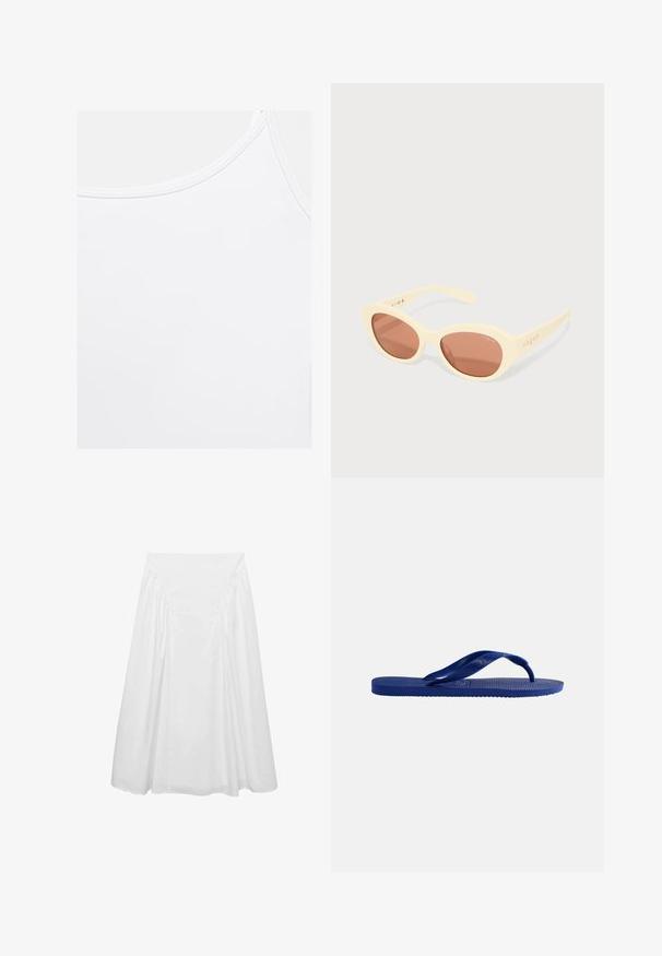 Effen witte tanktop met ronde halslijn en zichtbare stiksels langs de randen.; Witte midi-rok van katoen, met een zachte textuur, gerimpelde details aan de zijkanten en een aansluitende tailleband voor een vloeiende silhout.; Enkele blauwe teenslipper met gestructureerde zool en Y-vormige band, zijaanzicht op een effen witte achtergrond.; Zonnebril met een lichtgele rand, ovale lenzen in een bruintint en het "vogue"-logo op de tempels gedrukt. Gladde textuur, eigentijds ontwerp.