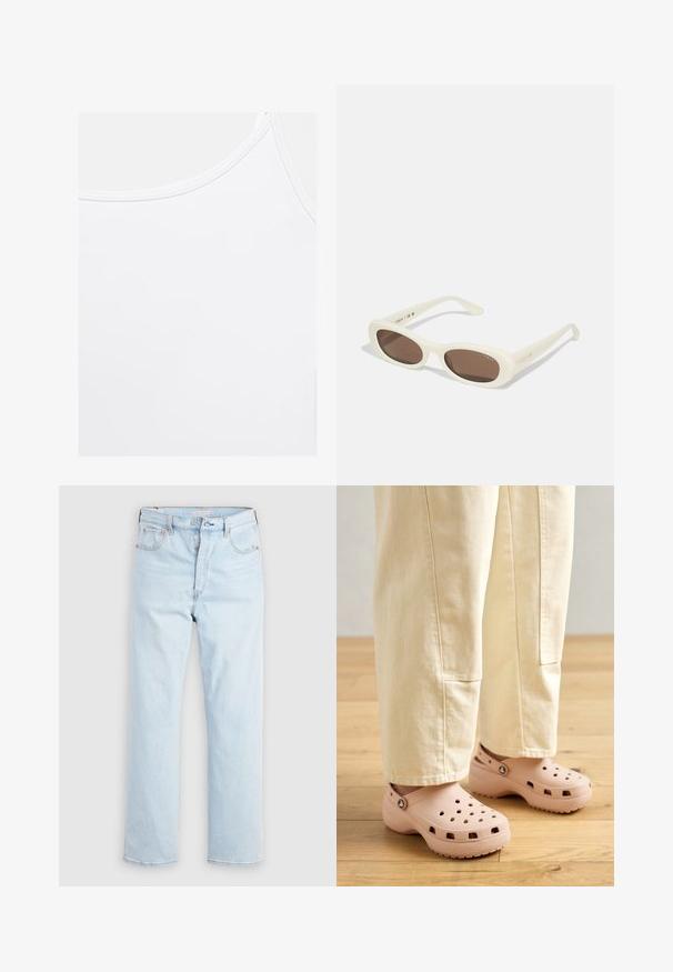 Effen witte tanktop met ronde halslijn en zichtbare stiksels langs de randen.; Lichtblauwe high-waist jeans met rechte pijpen, knoopsluiting en voor- en achterzakken op een effen witte achtergrond.; Lichtroze klompen van rubber, met ventilatiegaten, een gevormde pasvorm en een geprofileerde zool voor grip. Draagt in combinatie met lichtbeige broek.; Crème-kleurige zonnebril met ovale lenzen, bruin getint, met een glanzende afwerking en subtiele "Vogue" branding aan de zijkant.