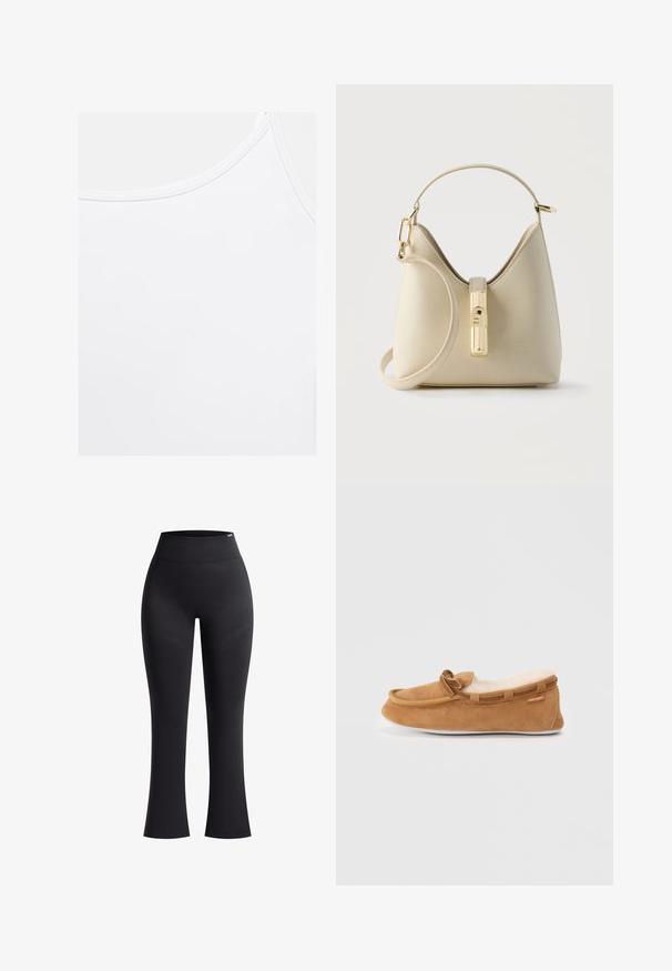 Débardeur blanc uni avec encolure arrondie et coutures visibles le long des bords.; Leggings noirs avec une taille haute, fabriqués en tissu stretch et lisse. Présentent des jambes évasées et des motifs de texture subtils le long des côtés.; Mocassin en daim marron avec doublure en fausse fourrure, bout rond et détail de nœud décoratif. Présente une semelle en caoutchouc et un contour contrastant.; Petit sac à main beige avec surface texturée, fermoir doré, poignée supérieure et bandoulière amovible sur fond uni.