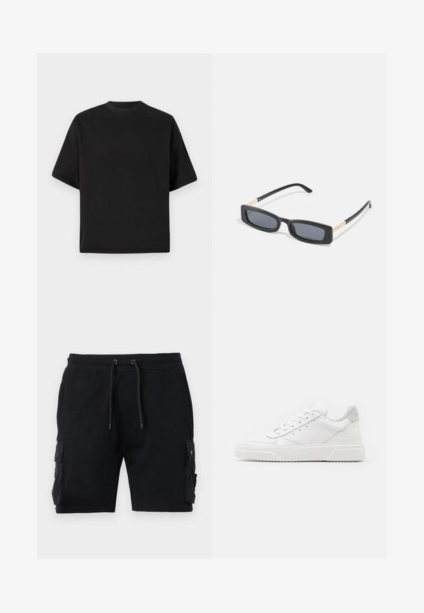 Sort T-shirt med kortærmer i løs pasform, lavet af glat bomuld, med rund halsudskæring og minimalistisk design.; Sort cargo shorts lavet af en bomuldsblanding, med to sidelommer, justerbar talje med snor og en glat tekstur.; Hvide lædersneakers med en glat finish, rund tå, flade snørebånd og en struktureret sål. Grå ruskindsdetalje ved hælen.; Rektangulære sorte solbriller med mørke linser. Slanke, flade arme har en guldfarvet detalje. Glat plastisk ramme med mat finish.