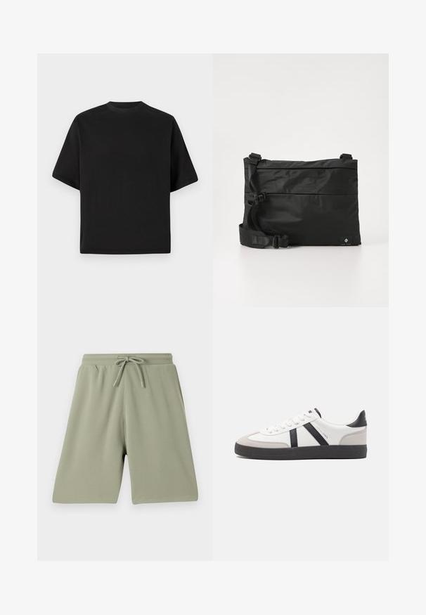 Camiseta negra de manga corta en un corte holgado, hecha de algodón suave, con cuello redondo y un diseño minimalista.; Pantalones cortos verde claro hechos de una tela texturizada con cintura elástica y cordón. Corte recto y diseño hasta la rodilla.; Zapatilla blanca con acentos en negro y gris, que presenta una puntera texturizada en gris, suela de goma negra y cordones planos blancos. Diseño limpio, estilo minimalista.; Bolso mensajero de nylon negro con correa ajustable, diseño plano y una etiqueta lateral con un logo. Textura suave y estilo minimalista.