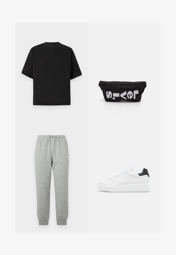 Sort T-shirt med kortærmer i løs pasform, lavet af glat bomuld, med rund halsudskæring og minimalistisk design.; Grå joggingbukser lavet af blødt stof, med elastisk talje med snøre, tilspidsede ben og en lille hvid logo på siden.; Hvide lædersneakers med en sort hælflap, flade snørebånd, struktureret mellemsål og branding på ydersiden. Designet til afslappet brug.; Sort stoftaske med flad form, prydet med fed hvid tekst. Lynlåsen er placeret øverst, med en løkke detalje på den ene side.