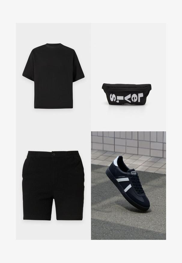 Schwarzes T-Shirt mit kurzen Ärmeln in lockerer Passform, aus glattem Baumwollmaterial, mit rundem Ausschnitt und minimalistischem Design.; Schwarze Shorts aus einem strukturierten Stoff, mit elastischem Bund und einem einzelnen Knopfverschluss. Für die Freizeit gestaltet, mit geradem Schnitt.; Schwarze Leder-Sneaker mit weißen Streifen, strukturiertem Gummisohle und Schnürung. Verfügt über ein Markenetikett auf der Zunge.; Schwarze Stofftasche mit flacher Form, mit fettgedrucktem weißen Text. Der Reißverschluss befindet sich oben, mit einer Schlaufe an einer Seite.