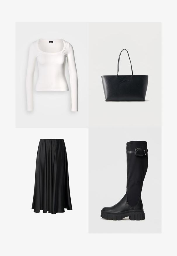 Camiseta blanca de manga larga con escote redondeado. Confeccionada en tejido de canalé, presenta un diseño ajustado y una textura suave con un acabado sin costuras.; Falda maxi negra de tejido suave, con una cinturilla elástica, silueta amplia y un dobladillo fluido sin patrones o detalles visibles.; Botas negras hasta la rodilla con punta de cuero y caña de textil, que cuentan con un bolsillo lateral, suela de goma gruesa y un acento decorativo en forma de correa.; Bolso tote de cuero negro con asas largas y logo en relieve "Tommy Jeans" en el frente, sobre un fondo blanco liso.