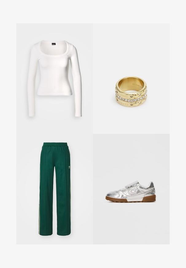 Haut blanc à manches longues avec un col arrondi. Confectionné en tissu côtelé, il présente une coupe ajustée et une texture lisse avec une finition sans coutures.; Pantalons de sport vert foncé avec une coupe décontractée, dotés d'une taille à cordon, de poches latérales et de bandes crème sur les côtés.; Sneaker métallique argenté avec un logo "C" blanc, des lacets blancs et une semelle en caoutchouc marron, présenté sur le côté sur un fond clair uni.; Bague en ton or composée de trois bandes empilées, avec le logo "GUESS" gravé et des accents de cristaux clairs étincelants le long de la bande centrale.