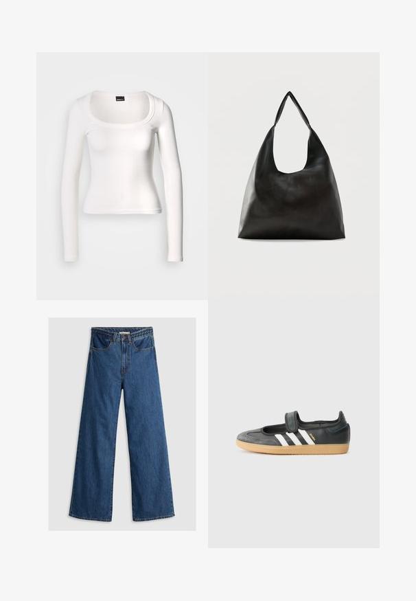 Wit top met lange mouwen en een afgeronde halslijn. Gemaakt van geribbelde stof, met een nauwsluitend ontwerp en een gladde textuur met een naadloze afwerking.; Wijde blauwe denim jeans met een hoge taille, voorzien van een klassiek vijf-pocket ontwerp en een gestructureerde tailleband.; Zwarte leren en suède sneaker met een klittenbandsluiting, voorzien van drie witte strepen en een gumzool, met de naam "SAMBA" aan de zijkant.; Zwarte schoudertas van glad leer met een brede, enkele band en een nonchalant, minimalistisch ontwerp tegen een effen achtergrond.