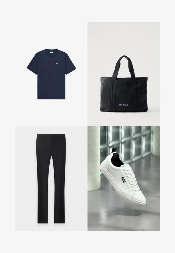 Navyblauw T-shirt met korte mouwen en ronde hals, met een kleine witte tekst "NN. 07" op de linkerborst.; Zwarte broek met een rechtlopende pasvorm, gemaakt van soepel materiaal. Voorzien van zakken aan de voorkant, een knoopsluiting en riemlussen.; Witte leren sneaker met een zwarte binnenvoering, platte vetersluiting en een zichtbaar logodetail. Voorzien van een textuur rubberen zool voor grip.; Zwarte canvas tote bag met twee handvatten, een voorvak en "LES DEUX" in blauw geborduurd op het voorvak.