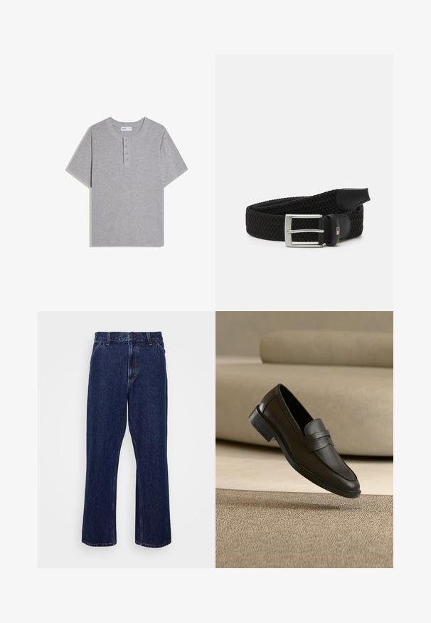 Kurzärmliges, geripptes graues Henley-Shirt mit rundem Ausschnitt und drei Knöpfen auf der Knopfleiste, flach auf weißem Hintergrund liegend.; Dunkelblaue Jeans aus Denim mit geradem Bein, ausgestattet mit einem Knopfverschluss, Fünf-Taschen-Style und dezenten Nähten.; Schwarzer Lederloafer, der auf einem beigen Teppich liegt, mit einem gebogenen beigen Sofa im Hintergrund.; Schwarzer gewebter Gürtel mit einem strukturierten Design, ausgestattet mit einer silbernen Metallschnalle und einem Lederakzent. Der Gürtel verfügt über ein flexibles, dehnbares Material.