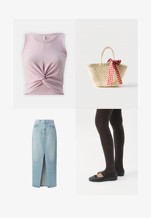 Heled roosa ribadega top, keeratud esiosa detailiga, ilma varrukateta disain, ümmargune kaelus ja pehme tekstuur.; Hele sinine denimsärk, millel on eest lõhik, viie tasku disain ja vööniidid. Valmistatud puuvillast, millel on sile tekstuur ja kerge pleekimine.; Jalad seljas tumedad soonelises soonelises kombines mustade baleriinadega, millel on väikesed paelade detailid valgel taustal.; Kootud õlekott punutud käepidemete ja ühel küljel vibu moodustava punase-vahtrarohelise ruudulise paelaga.