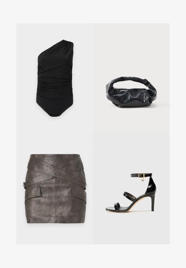 Zwarte asymmetrische badpak met een-strap, gerimpeld ontwerp en gladde onderkant, op een witte achtergrond.; Donkergrijze faux leren minirok met een asymmetrisch ontwerp, kenmerken kruis-over details en zijzakken met een metalen hardwareaccent.; Zwarte gepatineerde leren sandaal met drie banden, enkelgesp en 10 cm hoge stiletto hak. Bevat gouden hardwaredetails en een logo charm.; Zwarte tas van glanzend, textuur materiaal met een ronde, gedraaide handgreep en een ritsluiting. Heeft een zacht, gekreukt ontwerp.