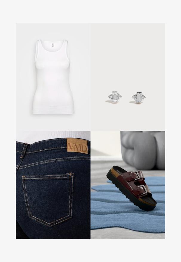 Hvid, ribbet top med rund udskæring og brede stropper, der har en slank pasform, som følger kroppens konturer. Ingen synlige mønstre eller detaljer.; Mørkeblå denimjeans med synlige orange syninger og en brun læderlap med mærket "VMD" over den bageste højre lomme.; Brun lædersandal med dobbelte sølvspænder og tyk sort sål, hvilende på et tekstureret blåt tæppe i et moderne indendørsmiljø.; Par sølvfarvede ørestikker med rektangulære og trekantede klare krystaller arrangeret i et geometrisk design på en hvid baggrund.